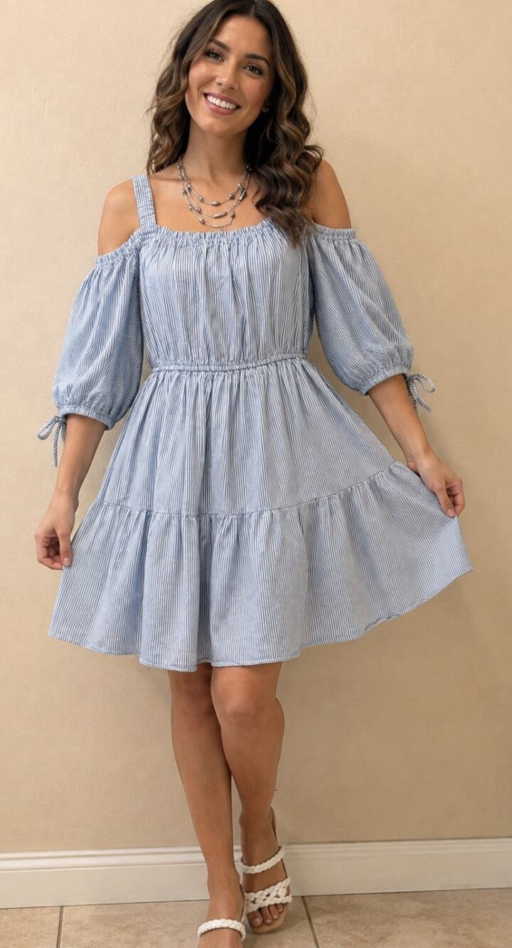 Easel Boho-inspired Blue & White Striped Cold-Shoulder Mini Dress – Women’s L
